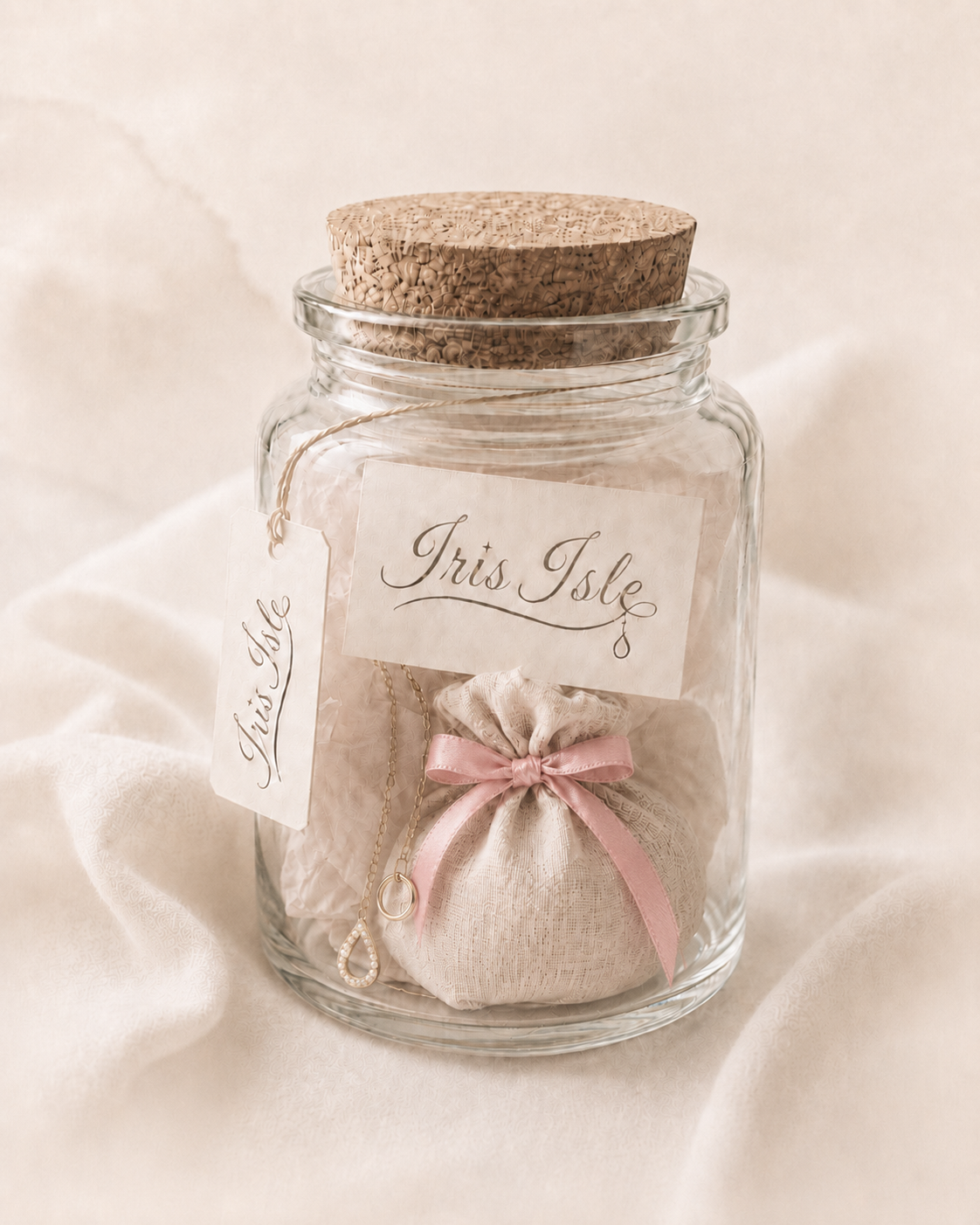 A dreamy jar holding a pearl necklace and iris petals