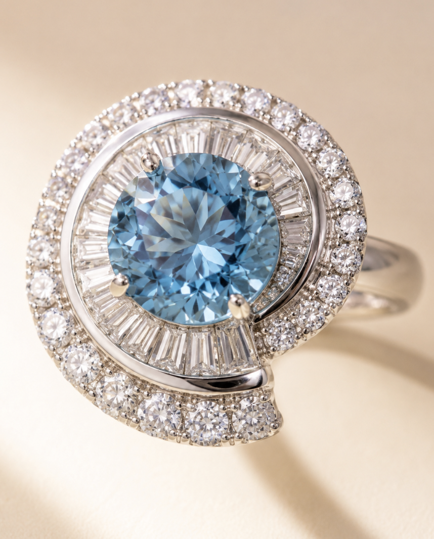 Blue aquamarine halo ring with pave crystal band